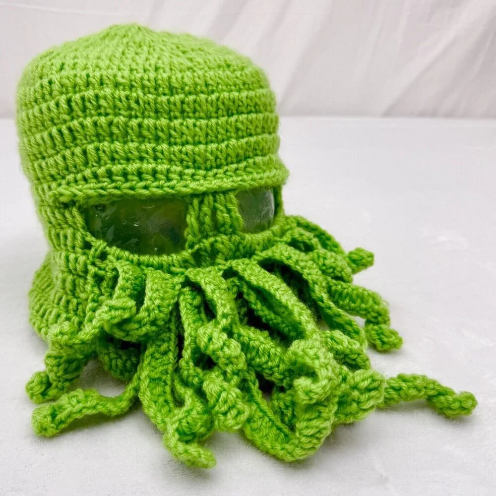 Handmade Knit Cthulhu Mask/Hat Green w/Tentacles & Eye Holes